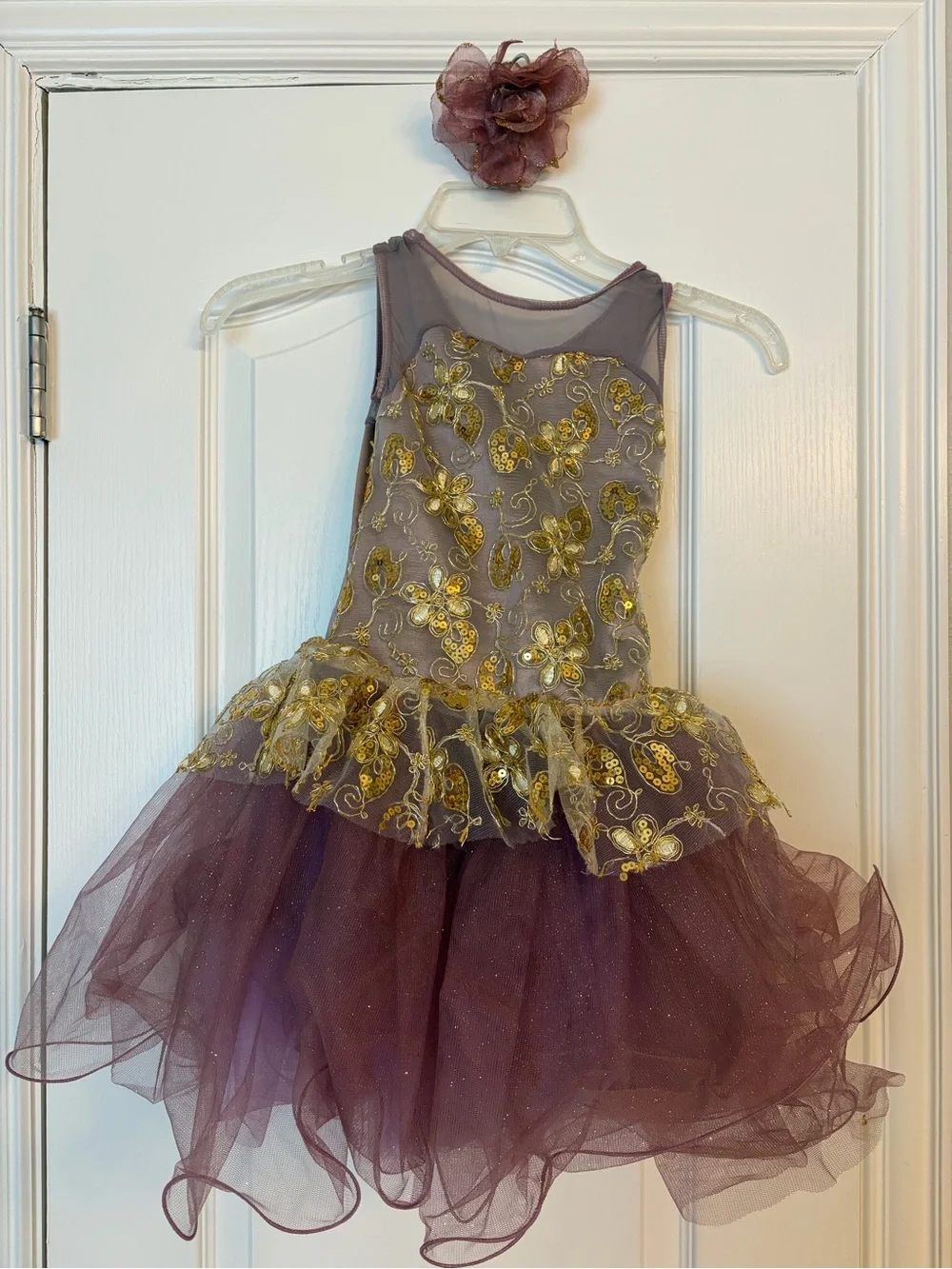 Kids Weissman Purple and Gold Embroidered Tulle Dance Costume with Flower Clip